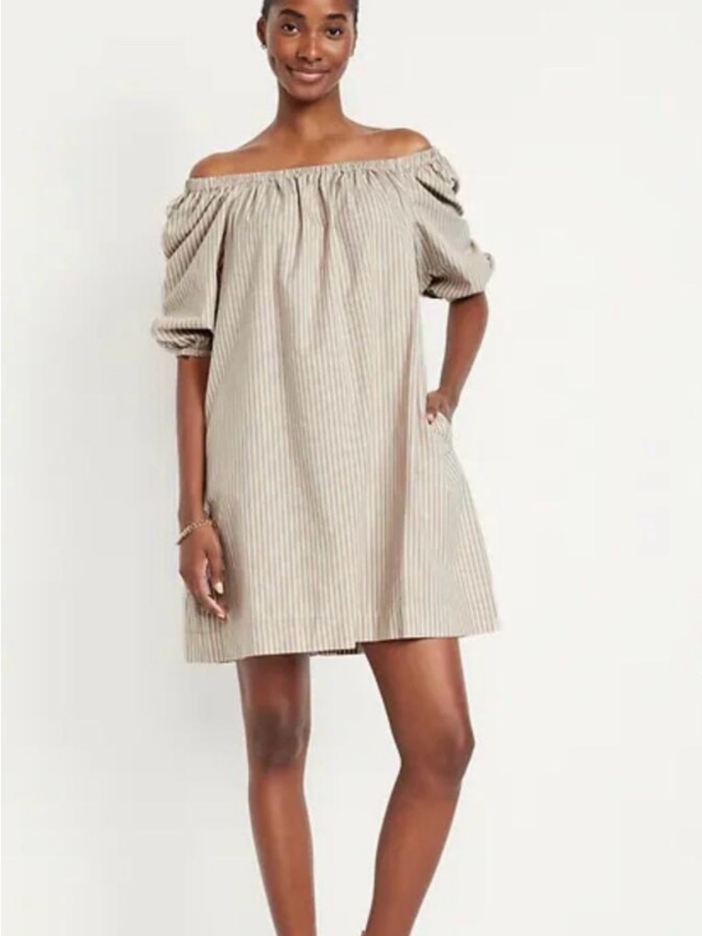 Old Navy Off-Shoulder Stripe Shift Dress in Beige